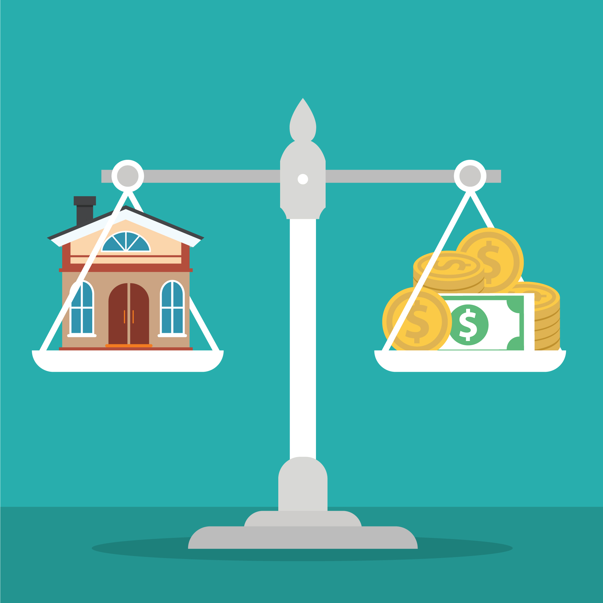 Illustration d’une balance comparant une maison à de l’argent, symbolisant le choix entre autoconsommation et revente de l’électricité produite par des panneaux photovoltaïques.